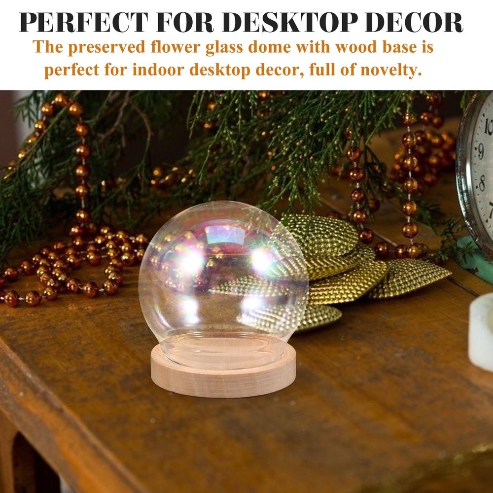 Flower Glass Cover Decor Glass Dome Transparent Wood 1 Set