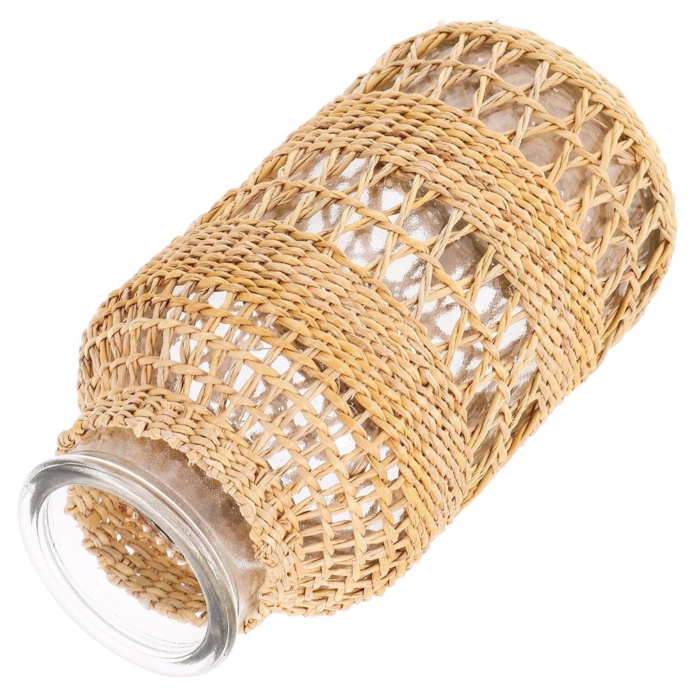 Boho Rattan Glass Vase with Woven Design, Decorative Flower Planter for Dried Flowers, Home Decor Container