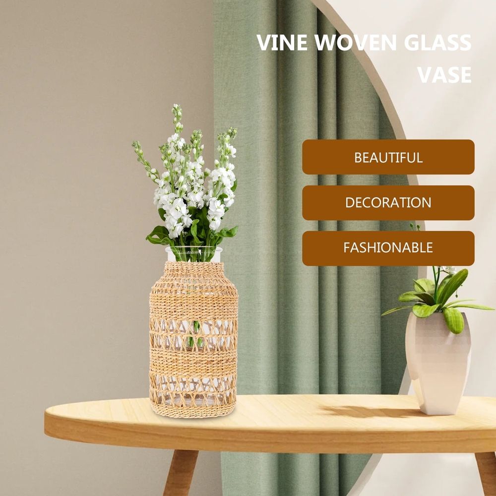 Boho Rattan Glass Vase with Woven Design, Decorative Flower Planter for Dried Flowers, Home Decor Container