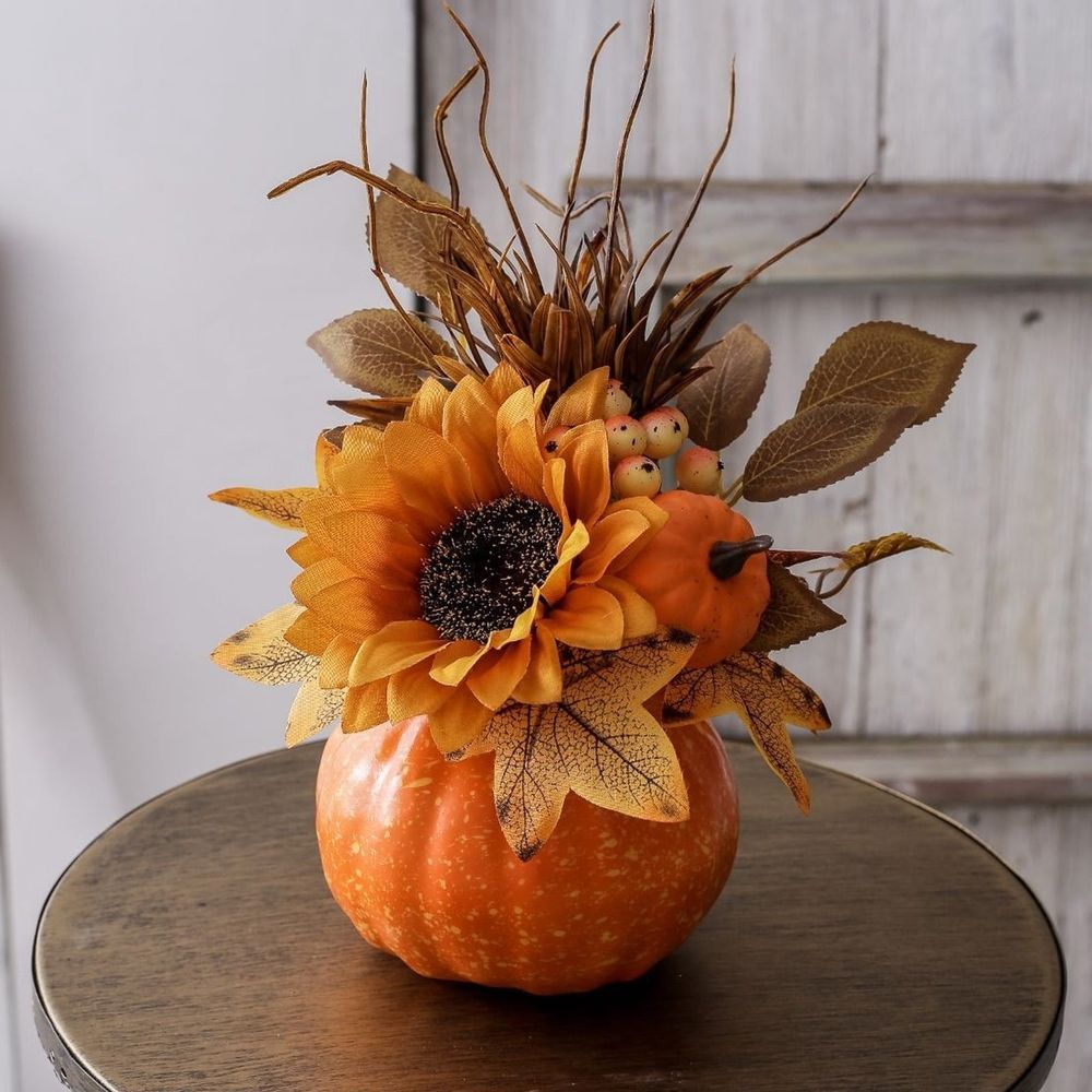 Halloween Foam Pumpkin Ornament - Fall Home Decor with Maple Leaf and Sunflower Accents, Lightweight Durable Tabletop Decor, Seasonal Indoor Decoration for Shelves Desks