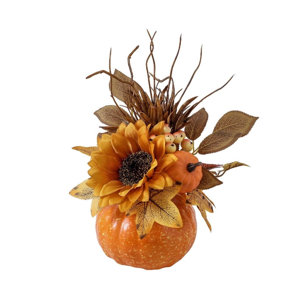 Halloween Foam Pumpkin Ornament - Fall Home Decor with Maple Leaf and Sunflower Accents, Lightweight Durable Tabletop Decor, Seasonal Indoor Decoration for Shelves Desks