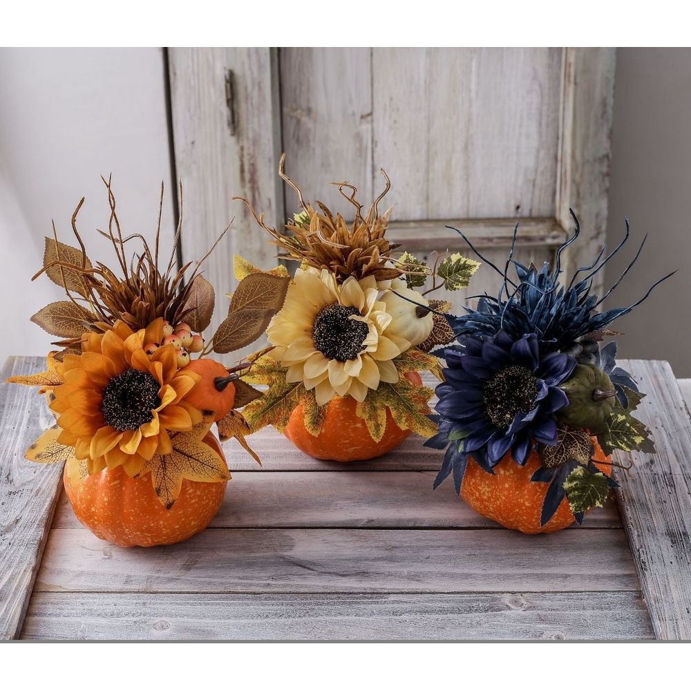 Halloween Foam Pumpkin Ornament - Fall Home Decor with Maple Leaf and Sunflower Accents, Lightweight Durable Tabletop Decor, Seasonal Indoor Decoration for Shelves Desks
