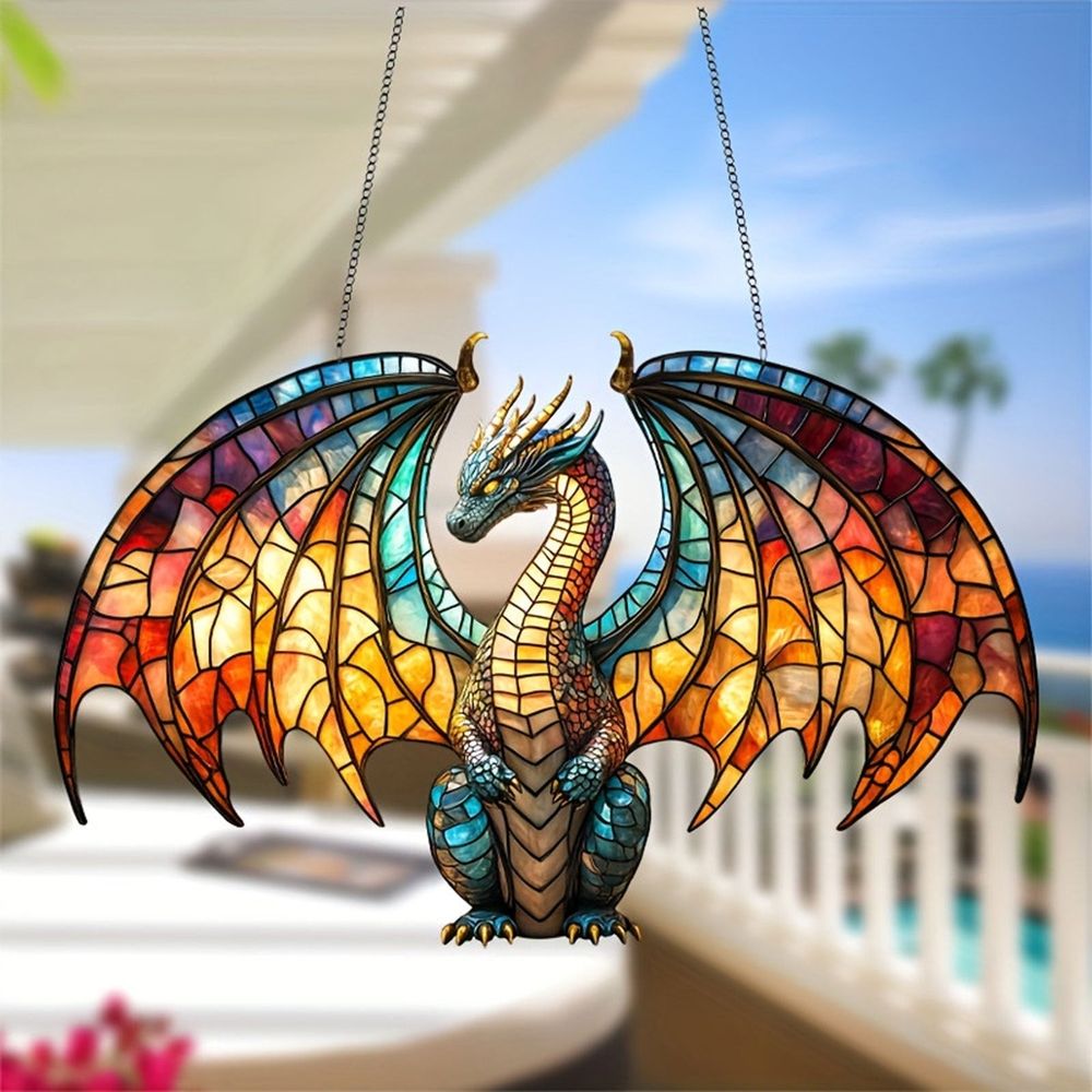 Dragon Suncatcher, Stained Glass Style Window Hanging Decor, Acrylic Fantasy Dragon Pendant for Living Room Bedroom and Office Decoration