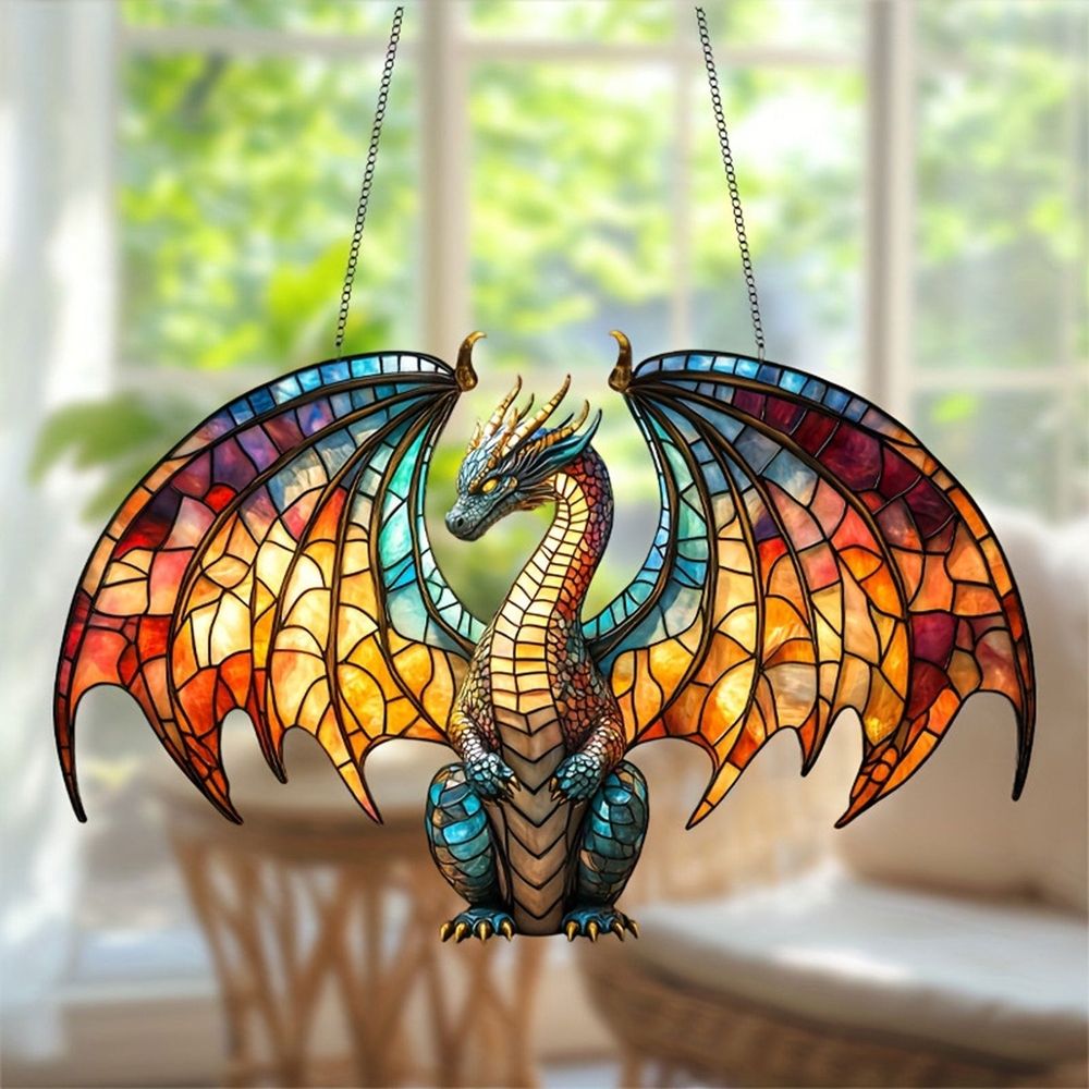 Dragon Suncatcher, Stained Glass Style Window Hanging Decor, Acrylic Fantasy Dragon Pendant for Living Room Bedroom and Office Decoration
