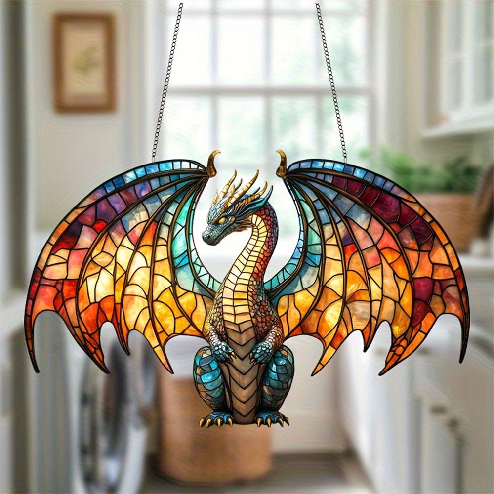Dragon Suncatcher, Stained Glass Style Window Hanging Decor, Acrylic Fantasy Dragon Pendant for Living Room Bedroom and Office Decoration
