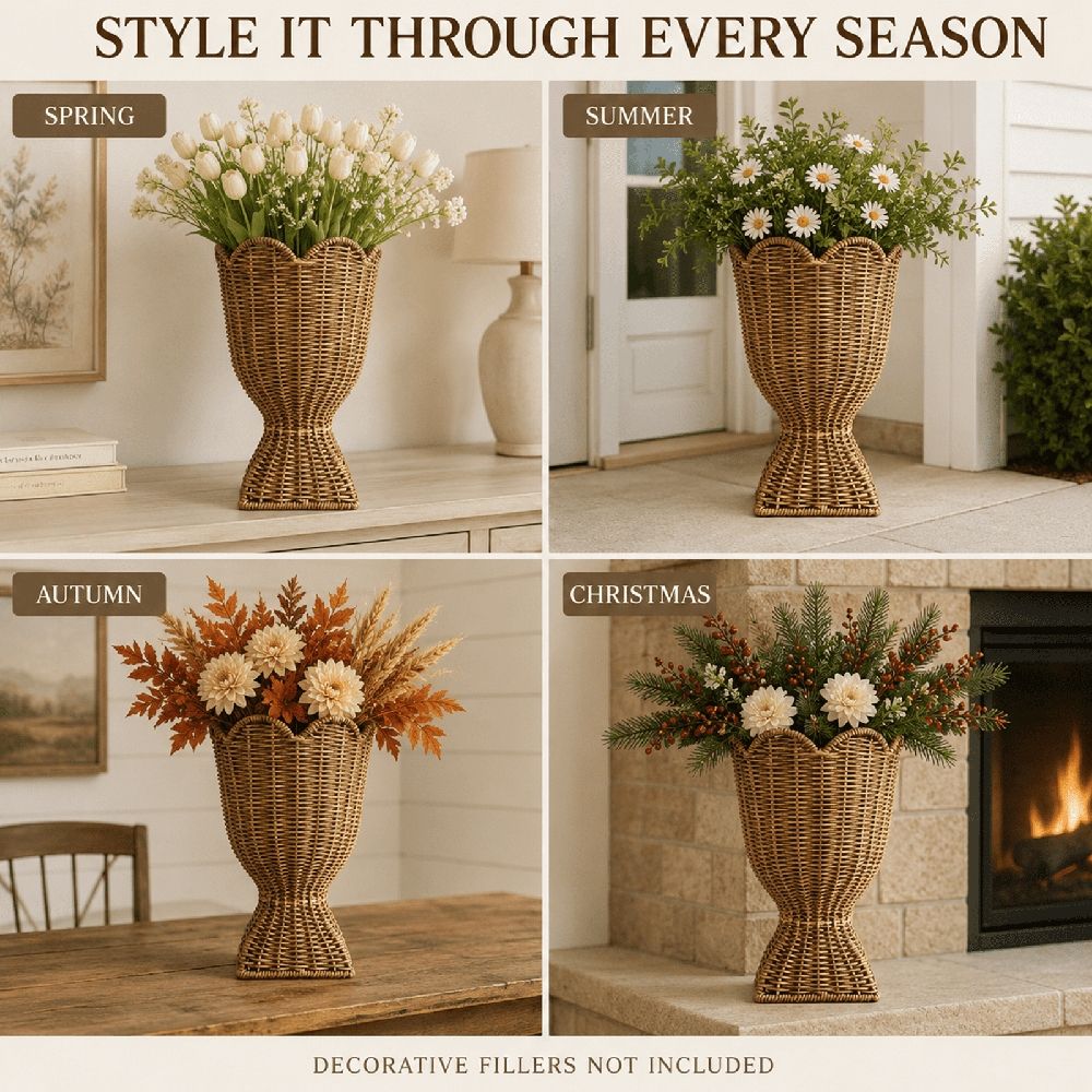Hand‑Woven Rattan Urn Style Vase, Scalloped Edge Decorative Woven Basket Vase, 12.2 Inch Rustic Rattan Planter Vessel for Dried Floral Arrangement, Entryway Tabletop Porch Home Decor