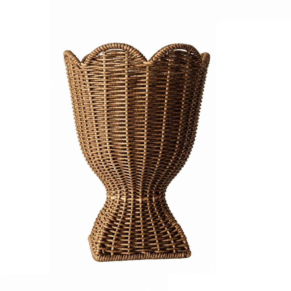 Hand‑Woven Rattan Urn Style Vase, Scalloped Edge Decorative Woven Basket Vase, 12.2 Inch Rustic Rattan Planter Vessel for Dried Floral Arrangement, Entryway Tabletop Porch Home Decor