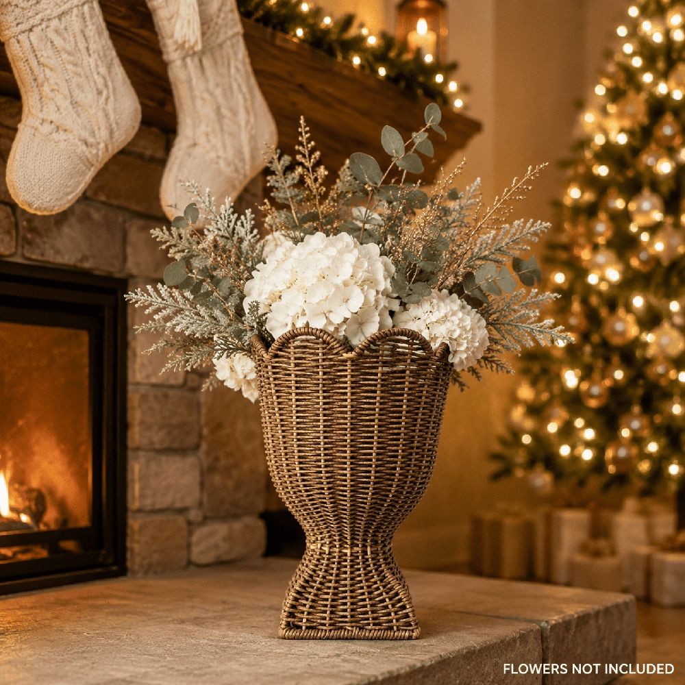 Hand‑Woven Rattan Urn Style Vase, Scalloped Edge Decorative Woven Basket Vase, 12.2 Inch Rustic Rattan Planter Vessel for Dried Floral Arrangement, Entryway Tabletop Porch Home Decor
