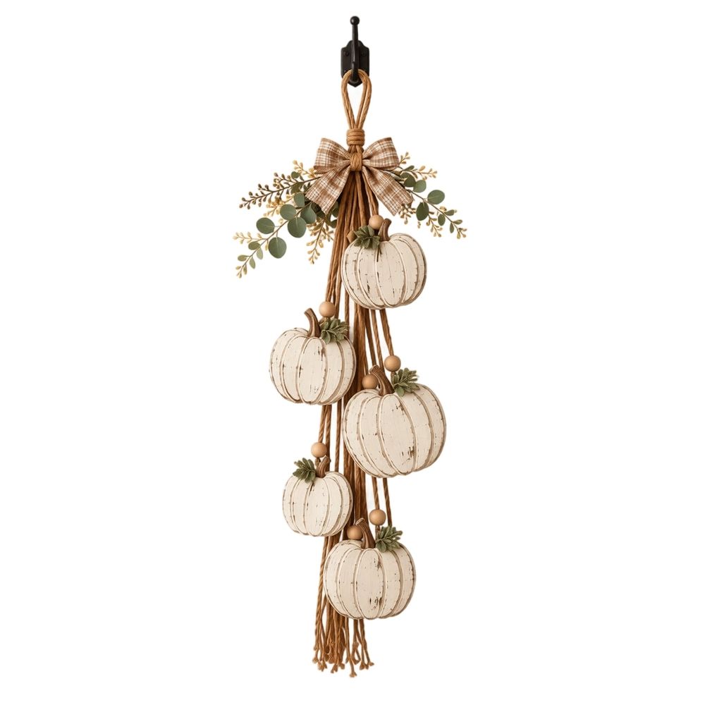 Hanging Pumpkin Wall Decor, 3D White Wooden Pumpkin Wall Hanging with Eucalyptus & Bow, Fall Halloween Seasonal Home Decoration, Rustic Farmhouse Wall Art for Living Room Entryway Indoor Decor