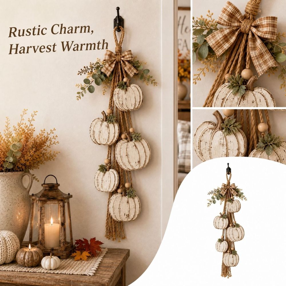Hanging Pumpkin Wall Decor, 3D White Wooden Pumpkin Wall Hanging with Eucalyptus & Bow, Fall Halloween Seasonal Home Decoration, Rustic Farmhouse Wall Art for Living Room Entryway Indoor Decor