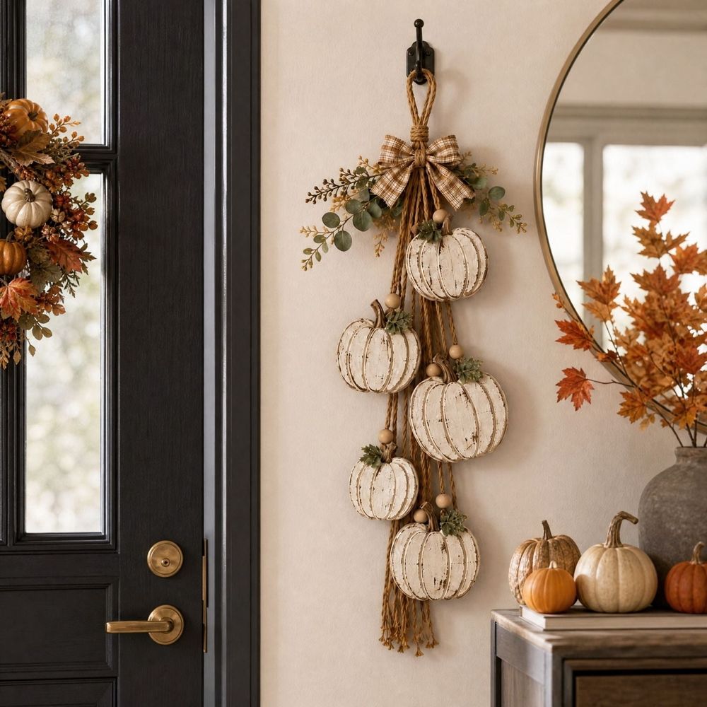 Hanging Pumpkin Wall Decor, 3D White Wooden Pumpkin Wall Hanging with Eucalyptus & Bow, Fall Halloween Seasonal Home Decoration, Rustic Farmhouse Wall Art for Living Room Entryway Indoor Decor