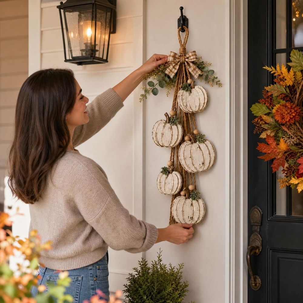Hanging Pumpkin Wall Decor, 3D White Wooden Pumpkin Wall Hanging with Eucalyptus & Bow, Fall Halloween Seasonal Home Decoration, Rustic Farmhouse Wall Art for Living Room Entryway Indoor Decor