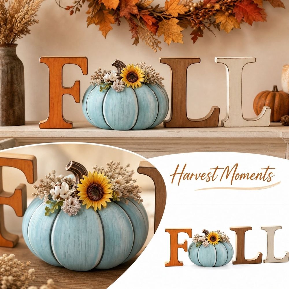 Rustic Wooden FALL Tabletop Decor Set, 4Pcs Farmhouse Harvest Sign with Blue Pumpkin & Sunflower, Vintage Wood Letter Centerpiece for Mantel, Shelf, Thanksgiving Autumn Display
