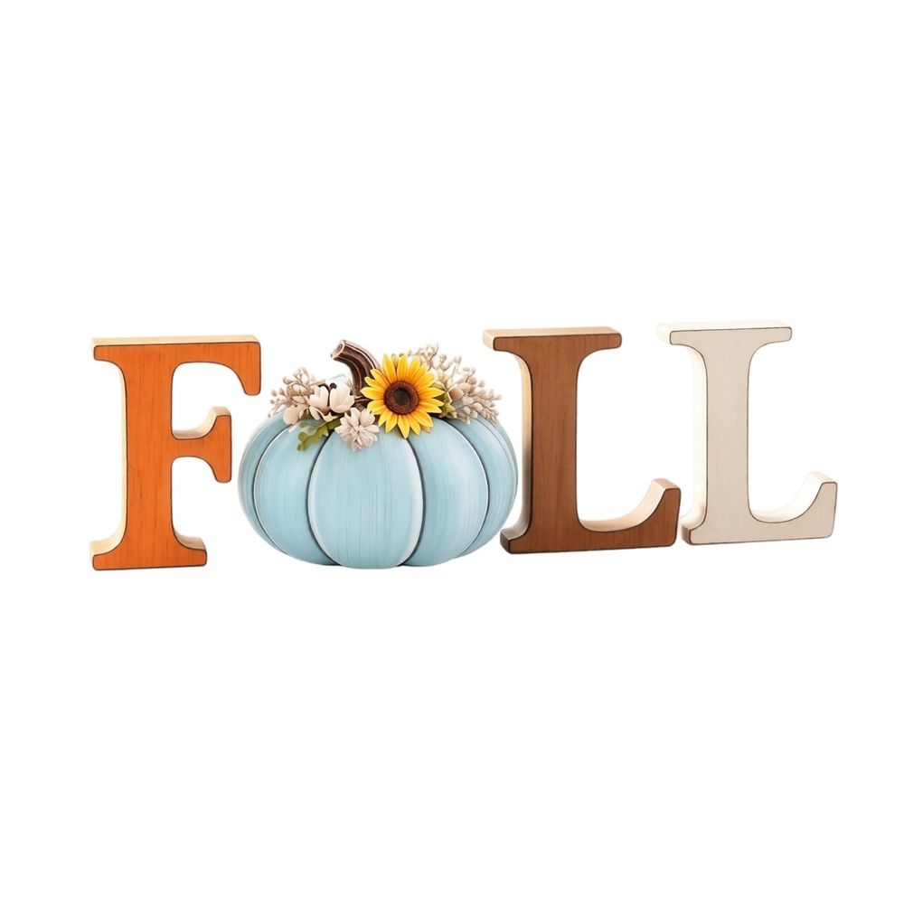 Rustic Wooden FALL Tabletop Decor Set, 4Pcs Farmhouse Harvest Sign with Blue Pumpkin & Sunflower, Vintage Wood Letter Centerpiece for Mantel, Shelf, Thanksgiving Autumn Display