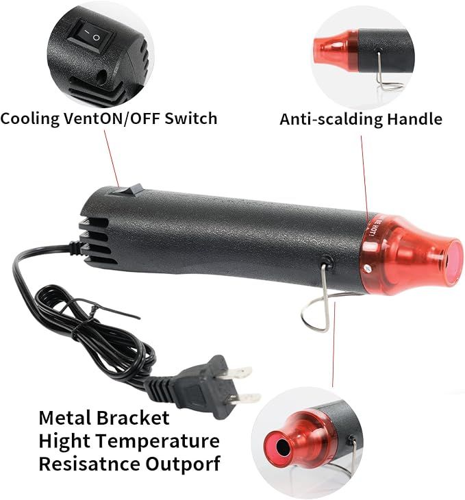 Black 110V 300W Mini Heat Gun, Portable Hot Air Gun with Stand for Shrinking Wrap, Embossing and Paint Drying