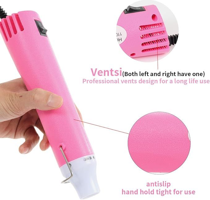 Pink 110V 300W Mini Heat Gun, Portable Hot Air Gun with Stand for Shrinking Wrap, Embossing and Paint Drying