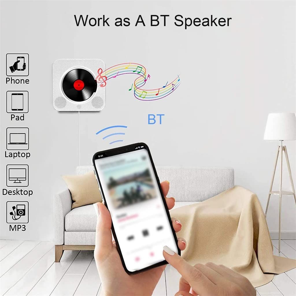 （white）Bluetooth Portable Home CD Music Player with Remote Control, Timer, Built-in Speakers and LED Display - FM Radio