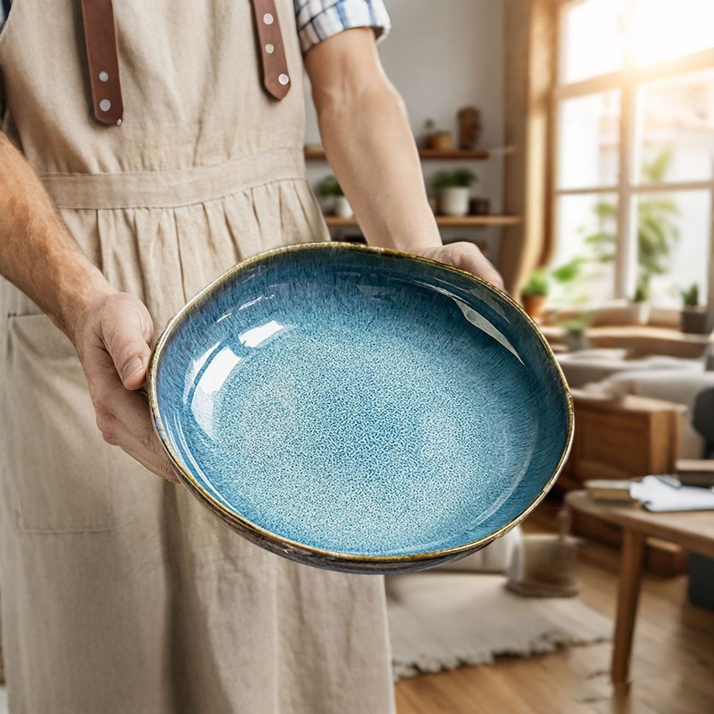 Blue Pottery Key Bowl, Decorative Ceramic Porcelain Trinket Dish, Versatile Candy Salad Bowl For Entryway Bedroom Home Decor Gift, Blue Glaze