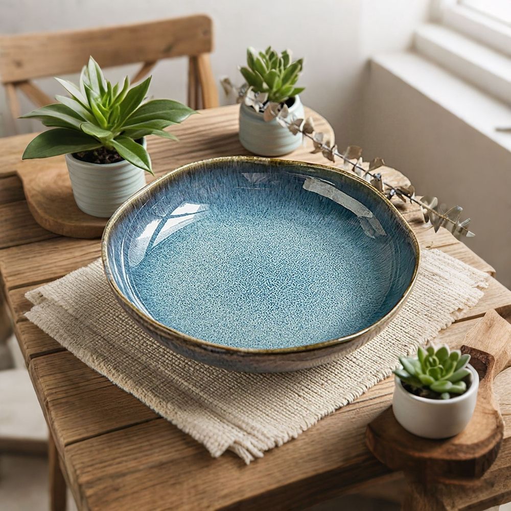 Blue Pottery Key Bowl, Decorative Ceramic Porcelain Trinket Dish, Versatile Candy Salad Bowl For Entryway Bedroom Home Decor Gift, Blue Glaze