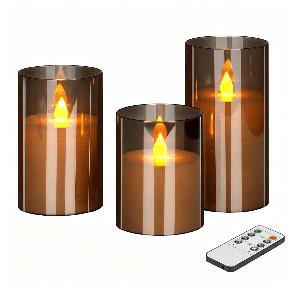 3 Pack Gray Flameless Candles 4 5 6" Battery Operated Candles with Remote Flickering Led Candles Acrylic Glass Table Decor