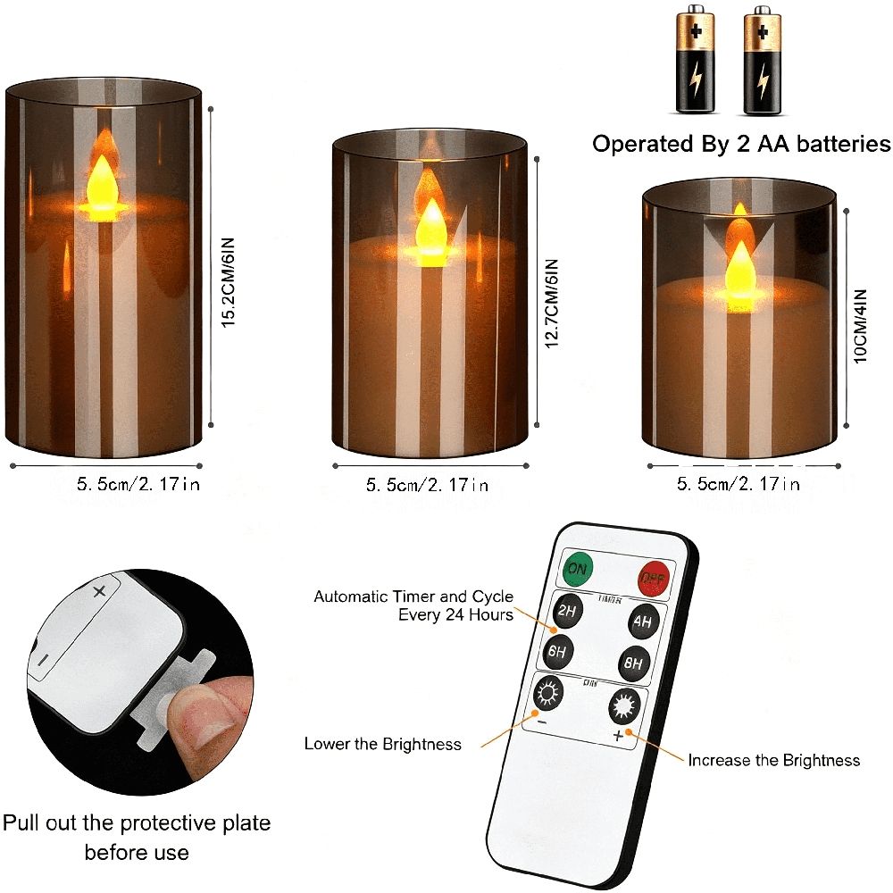 3 Pack Gray Flameless Candles 4 5 6" Battery Operated Candles with Remote Flickering Led Candles Acrylic Glass Table Decor