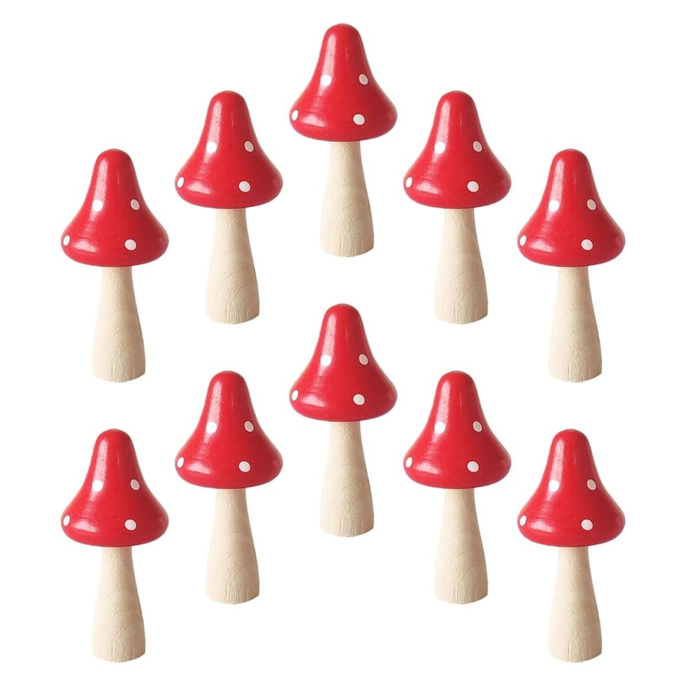 Set of 10 Red Wooden Mushroom Figurines for Landscaping and Bookshelf Decorative Accents
