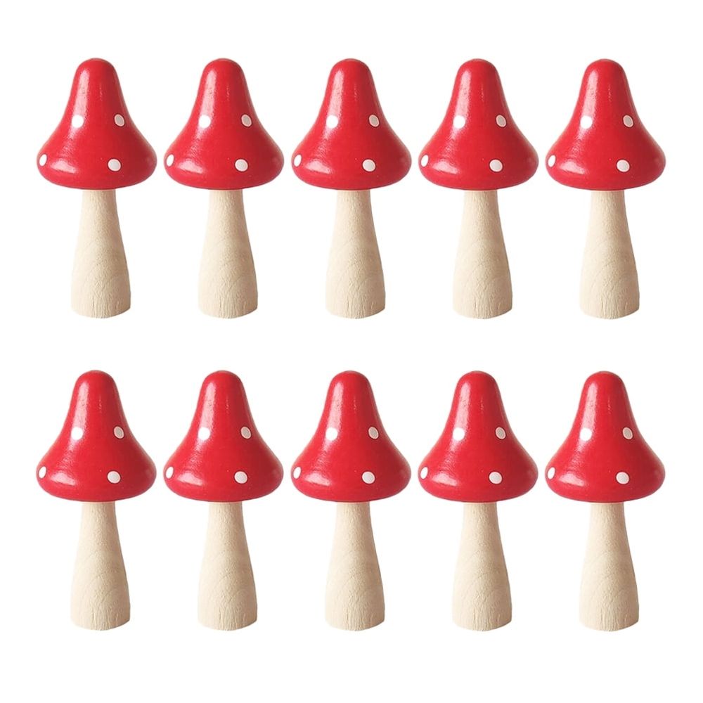 Set of 10 Red Wooden Mushroom Figurines for Landscaping and Bookshelf Decorative Accents