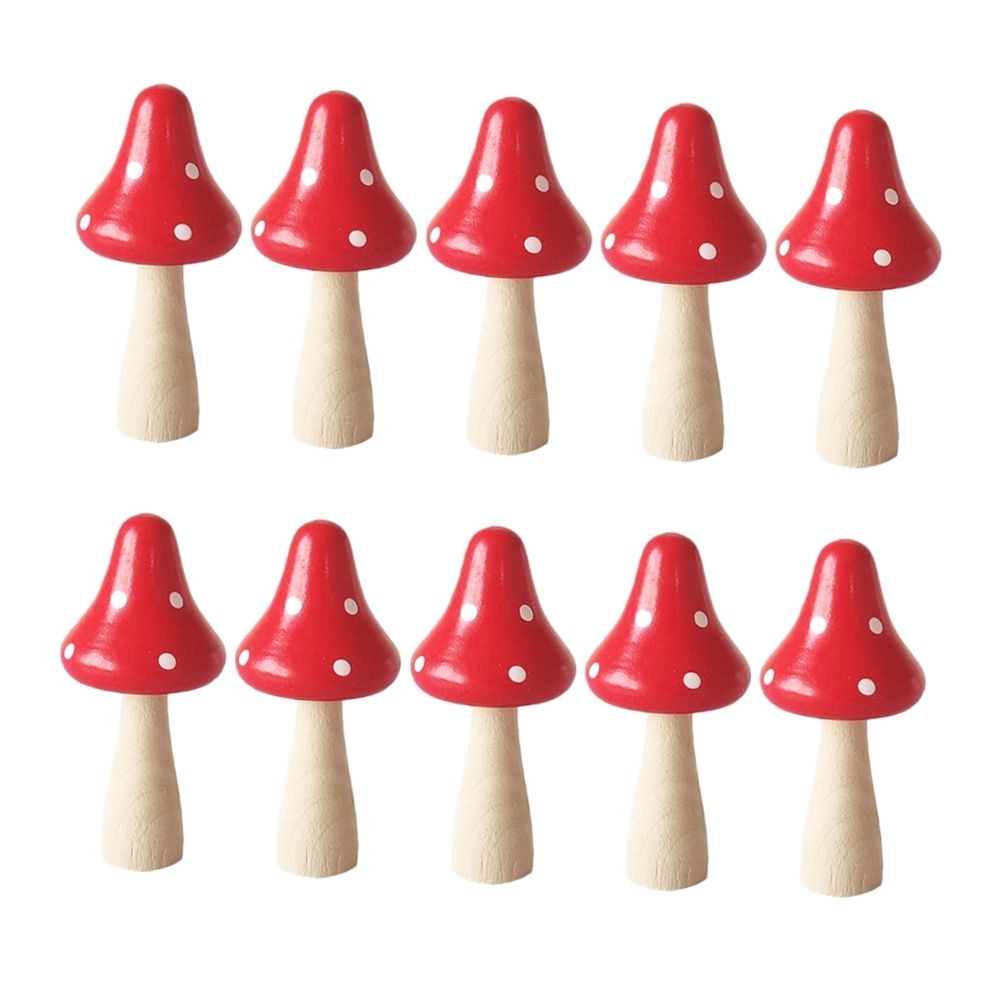 Set of 10 Red Wooden Mushroom Figurines for Landscaping and Bookshelf Decorative Accents