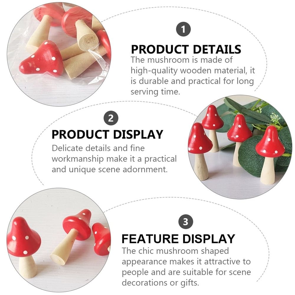 Set of 10 Red Wooden Mushroom Figurines for Landscaping and Bookshelf Decorative Accents