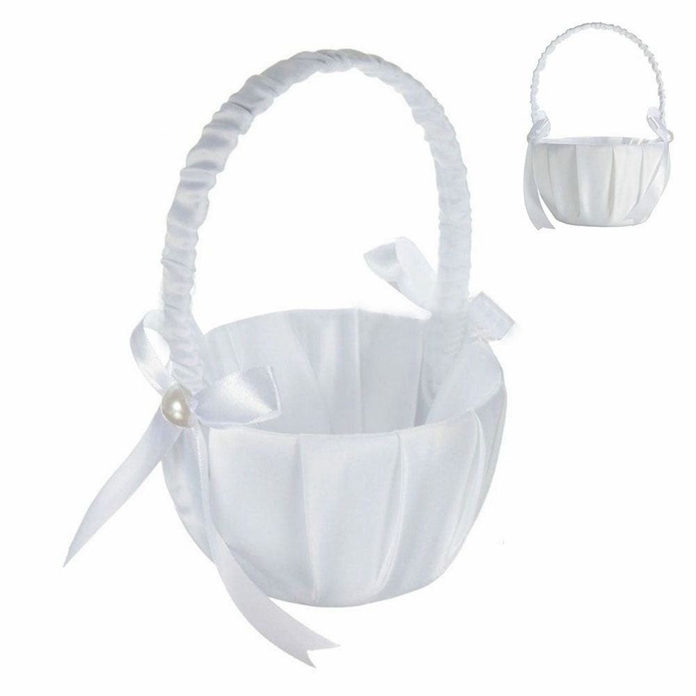 1*Flower Basket . Elegant White Satin Bowknot Pearl Flower Girl Basket for Weddings Bridal Showers and Special Events a of Class and Romance To Your