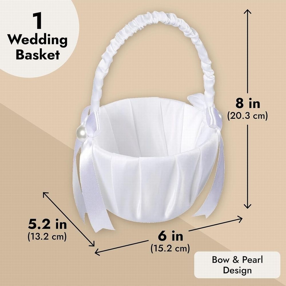 1*Flower Basket . Elegant White Satin Bowknot Pearl Flower Girl Basket for Weddings Bridal Showers and Special Events a of Class and Romance To Your