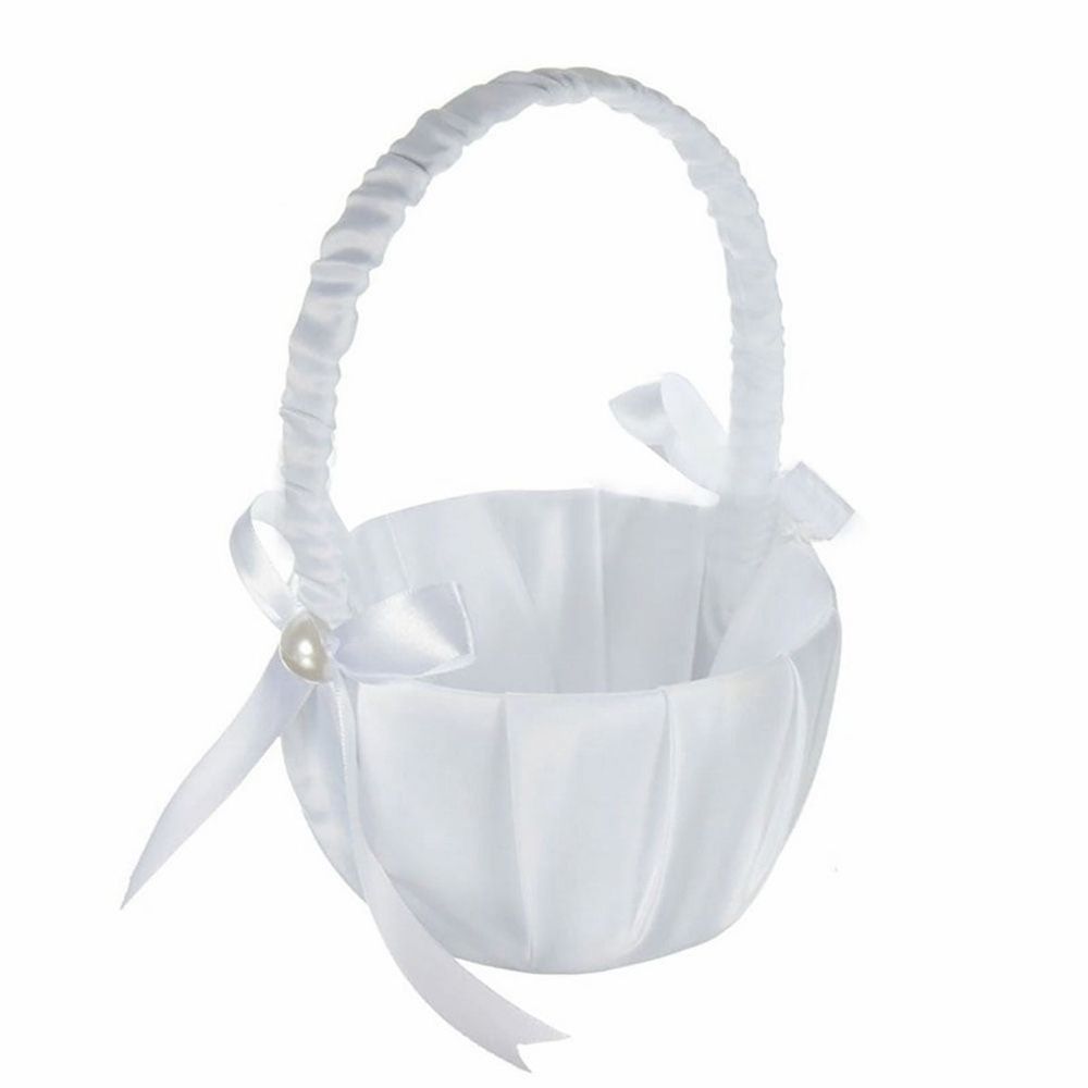 1*Flower Basket . Elegant White Satin Bowknot Pearl Flower Girl Basket for Weddings Bridal Showers and Special Events a of Class and Romance To Your