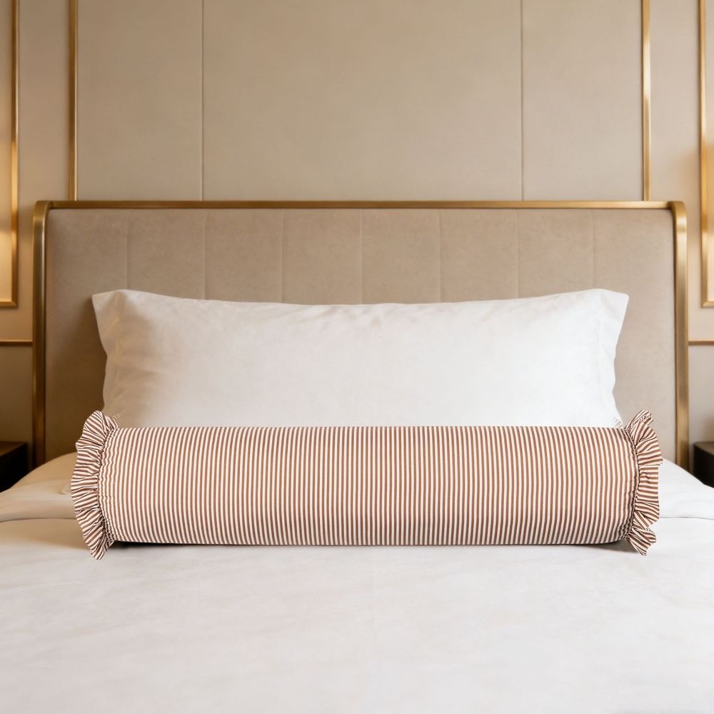 Striped Bolster Pillow with Ruffled Edges 8x36 in, Soft Cylindrical Neck Roll Pillow, Bed Sofa Decor Support Pillow, Sleeping and Relaxing Pillow for Home Decor