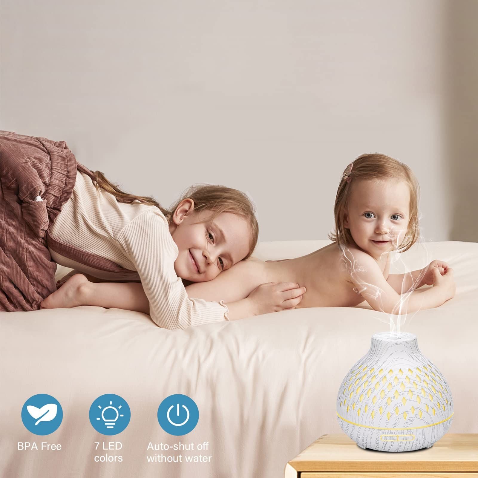 Diffusers for Essential Oils Large Room, 400ml Wood Grain Aromatherapy Oil Diffuser with Timed Mode, 7 Colors Night Light (White)