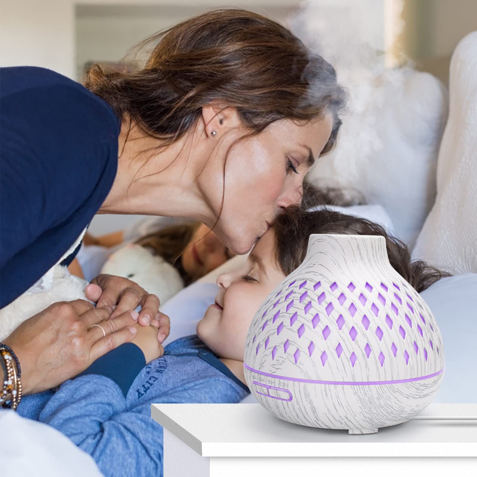 Diffusers for Essential Oils Large Room, 400ml Wood Grain Aromatherapy Oil Diffuser with Timed Mode, 7 Colors Night Light (White)