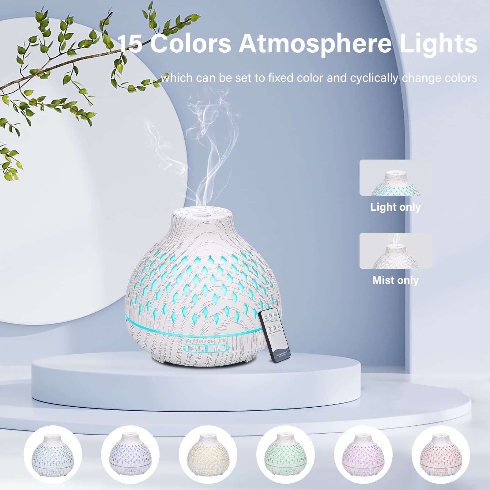 Diffusers for Essential Oils Large Room, 400ml Wood Grain Aromatherapy Oil Diffuser with Timed Mode, 7 Colors Night Light (White)