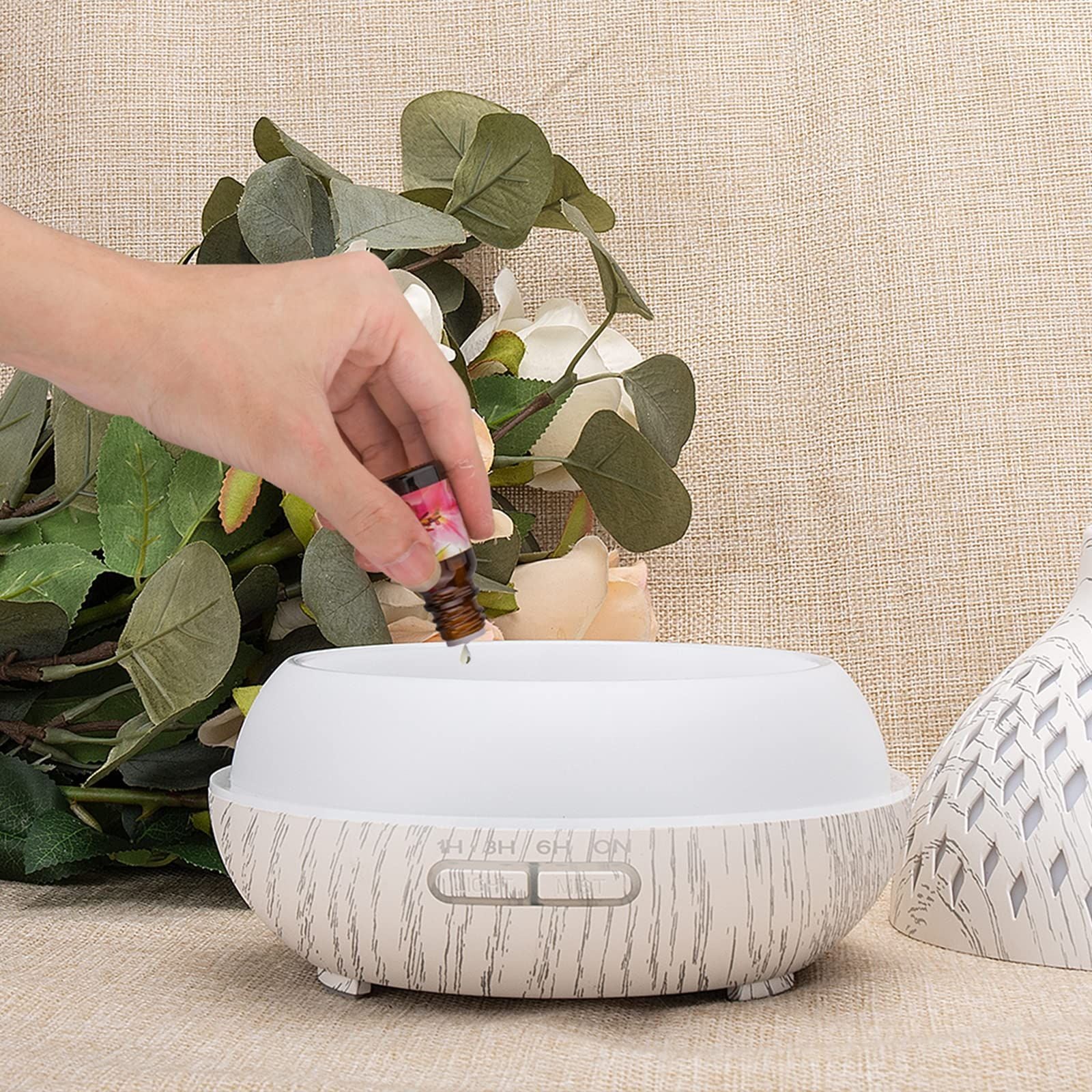 Diffusers for Essential Oils Large Room, 400ml Wood Grain Aromatherapy Oil Diffuser with Timed Mode, 7 Colors Night Light (White)