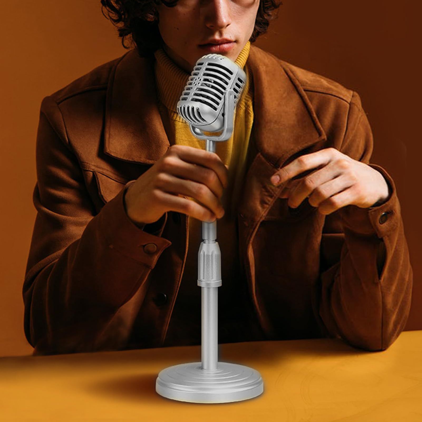 Retro desktop microphone prop model with adjustable stand, classic retro style microphone prop decoration