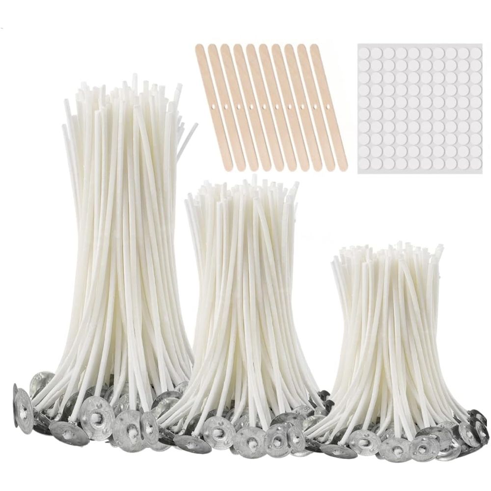 150Pcs Functional Smokeless Candle Wicks,100pcs Wicks Sticker, Pre Waxed Cotton Wick with Metal Sustainer Tabs for Pillar Candle Making and Candle DIY, 9cm/3.5in,15cm/6in,20cm/8in