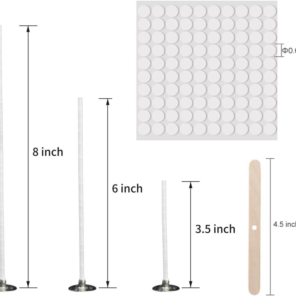 150Pcs Functional Smokeless Candle Wicks,100pcs Wicks Sticker, Pre Waxed Cotton Wick with Metal Sustainer Tabs for Pillar Candle Making and Candle DIY, 9cm/3.5in,15cm/6in,20cm/8in
