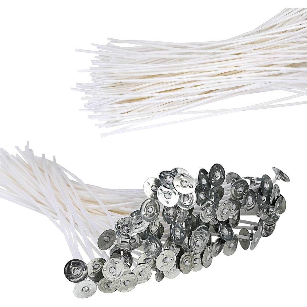 150Pcs Functional Smokeless Candle Wicks,100pcs Wicks Sticker, Pre Waxed Cotton Wick with Metal Sustainer Tabs for Pillar Candle Making and Candle DIY, 9cm/3.5in,15cm/6in,20cm/8in