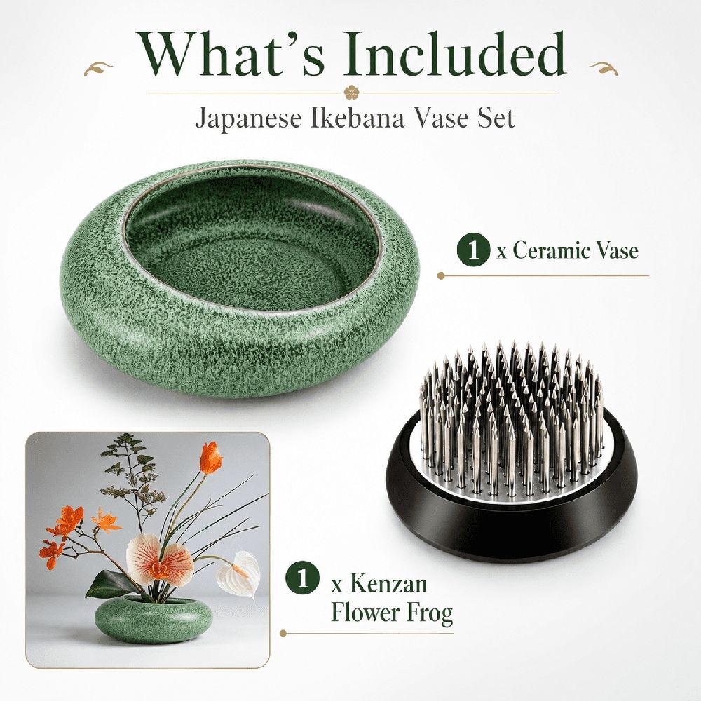 Flower Frog Vase Kit with Kenzan - Ceramic Ikebana Vase for Flower Arrangement, Water Drop Design Bowl, Japanese Style Floral Holder for Home Decor