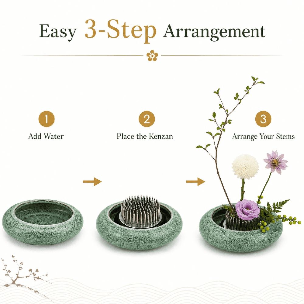 Flower Frog Vase Kit with Kenzan - Ceramic Ikebana Vase for Flower Arrangement, Water Drop Design Bowl, Japanese Style Floral Holder for Home Decor