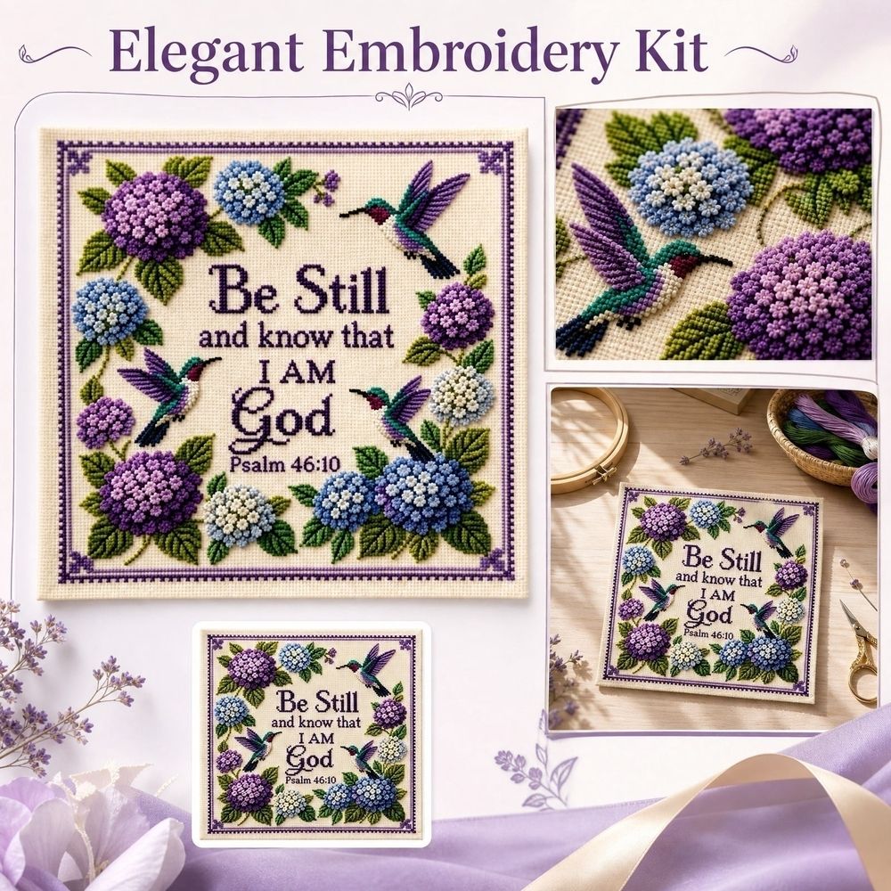 Counted Cross Stitch Kit Hummingbird Hydrangea Christian Wall Decor 8 Inch by 8 Inch Be Still and Know That I Am God Inspirational Floral Purple Home Art for Adults 1 Pack