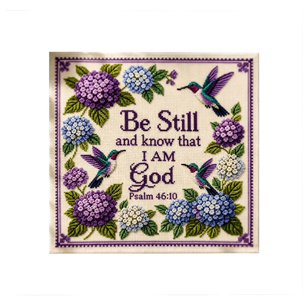 Counted Cross Stitch Kit Hummingbird Hydrangea Christian Wall Decor 8 Inch by 8 Inch Be Still and Know That I Am God Inspirational Floral Purple Home Art for Adults 1 Pack