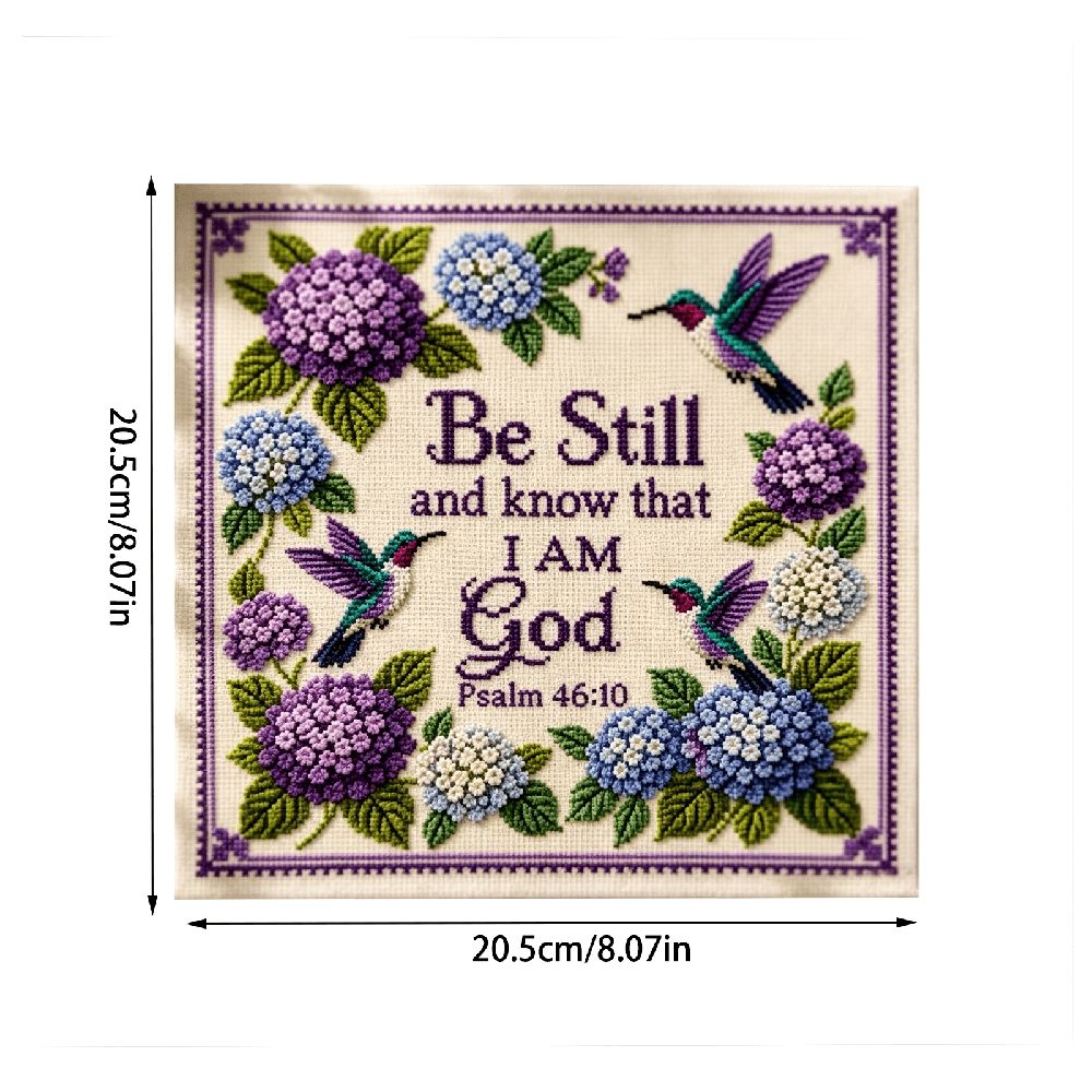Counted Cross Stitch Kit Hummingbird Hydrangea Christian Wall Decor 8 Inch by 8 Inch Be Still and Know That I Am God Inspirational Floral Purple Home Art for Adults 1 Pack