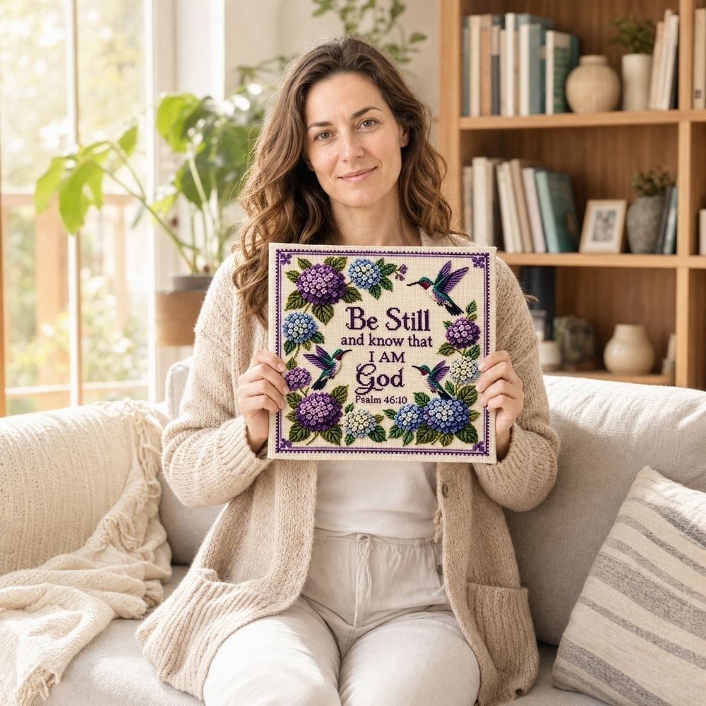 Counted Cross Stitch Kit Hummingbird Hydrangea Christian Wall Decor 8 Inch by 8 Inch Be Still and Know That I Am God Inspirational Floral Purple Home Art for Adults 1 Pack
