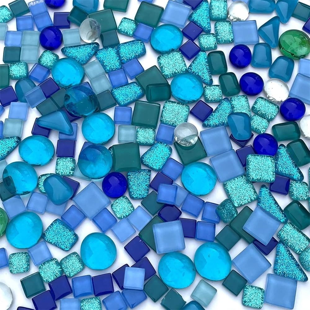 250G Crystal Glass Mosaic Mosaic Tile Supplies Assorted Blue Irregular Crystal Mosaic Tiles for Crafts Bulk Diy Picture Frames Handmade Jewelry Coaster Mosaic Tiles for Crafts Bulk