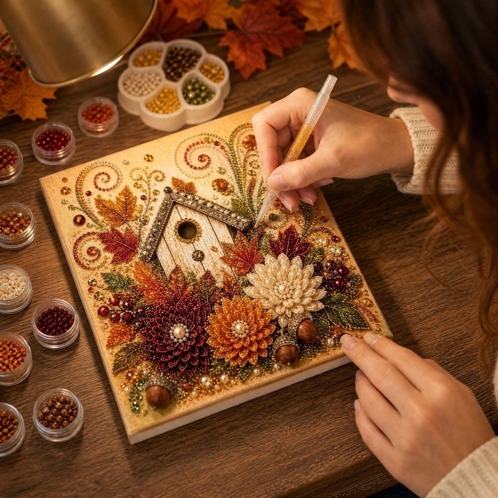 20 x 20 cm Pearl Art Kit for Adults Kids, Fall Diamond Art Bead Painting Set with Plastic Base, Beginner DIY Seasonal Tabletop Decoration, 1 Set