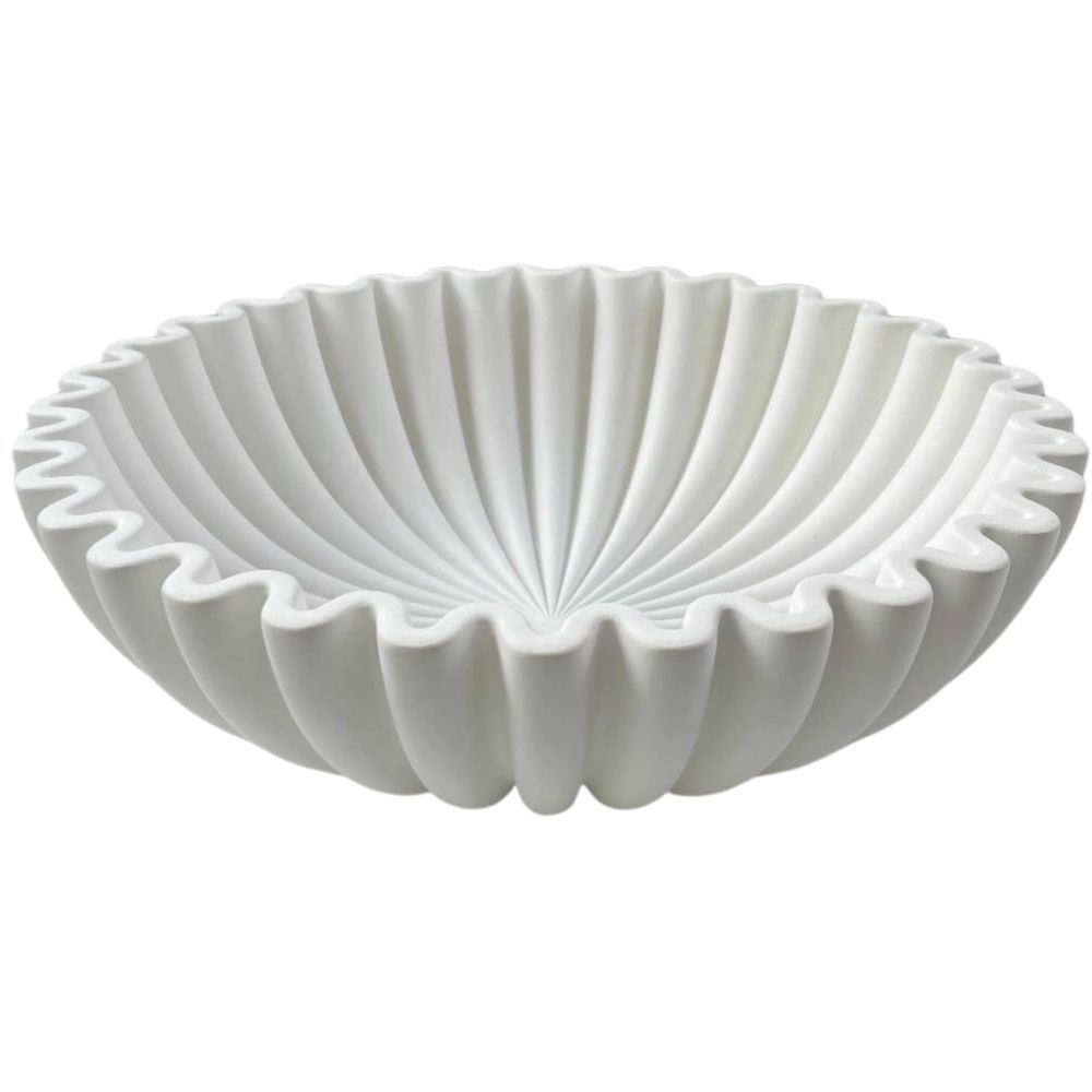 Ruffle Decorative Bowl Large, Resin Sculpture with Flowing Ruffle Design, Marble Texture, White Finish, Perfect for Modern Home Decor and Centerpieces
